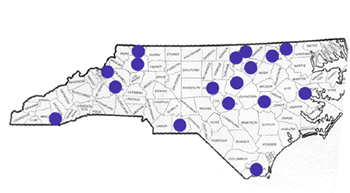North Carolina map with localities of some past floristic research